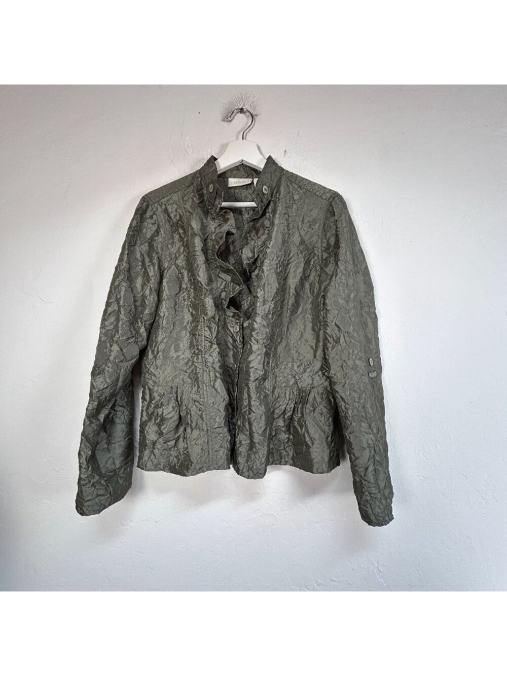 Chico's Crinkle Ruffle Button-Front High Neck Jacket Size 1 Green Lightweight
